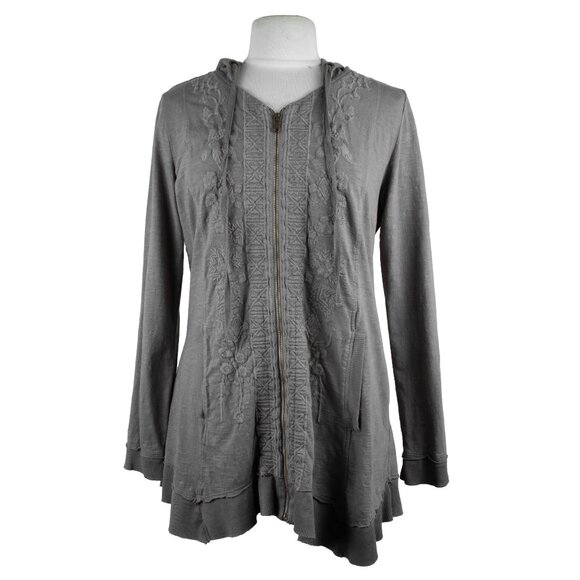 Soft Surroundings Corinna Hoodie Zip Front Jacket Gray Embroidered - Size Medium - Picture 1 of 10